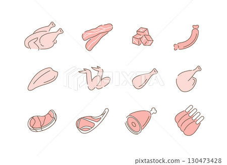 Different types of Meat. Chicken Breast, Drumsticks, Steak, Ribs and other Red Meat, Poultry and Pork Parts. Butcher Shop Symbols Different types of Meat. Chicken Breast, Drumsticks, Steak, Ribs and other Red Meat, Poultry and Pork Parts. Butcher Shop Symbols 130473428