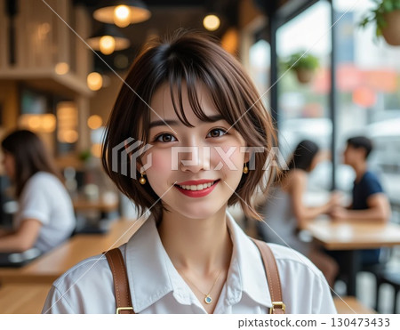 女工作人員在明亮的大窗戶咖啡館工作 130473433