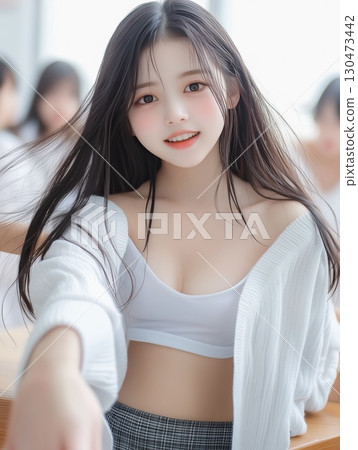 穿著白色上衣和羊毛衫的微笑年輕女子的肖像 穿著白色上衣和羊毛衫的微笑年輕女子的肖像 130473442