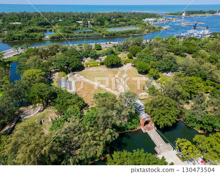 Aerial view of the Eternal Golden Castle (Erkunjin Fort) and Anping Port, Anping District, Tainan City, Taiwan 130473504