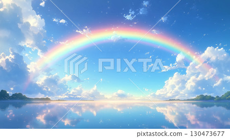 一幅美麗的水彩畫，描繪了藍色天上的彩虹和海面上倒映的雲彩 130473677