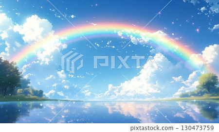 湖面上倒映著彩虹、藍天和雲彩。夏季自然風景圖片 湖面上倒映著彩虹、藍天和雲彩。夏季自然風景圖片 130473759
