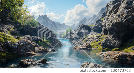 Mountain River Landscape Scenic Valley with Rocks and Lush Greenery Mountain River Landscape Scenic Valley with Rocks and Lush Greenery 130473763