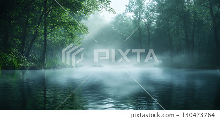 Misty River Enchanting Forest Scene  Nature Photography 130473764