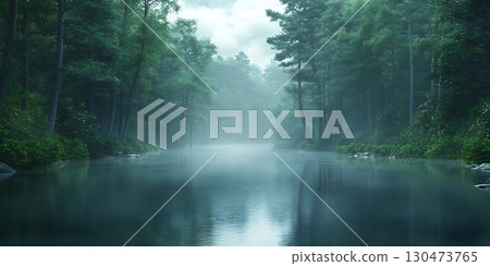 Rainy River in Lush Forest Serene Nature Scene Rainy River in Lush Forest Serene Nature Scene 130473765