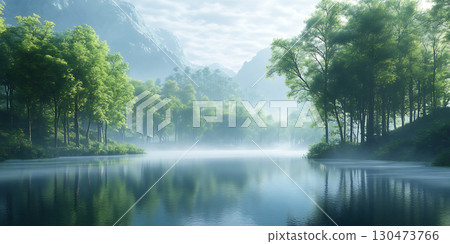 Misty Lake Serenity Picturesque Nature Scene Misty Lake Serenity Picturesque Nature Scene 130473766