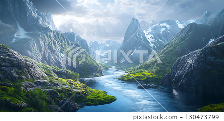 Majestic Mountain River Landscape Breathtaking Nature Scene 130473799