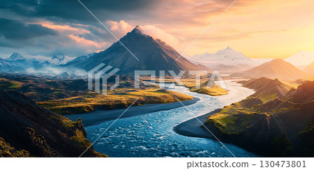 Epic Mountain Landscape River Sunset and Dramatic Clouds 130473801
