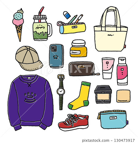 Stylish fashion, miscellaneous goods, cosmetics, sweets, and various illustration set 130473917
