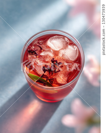 Refreshing hibiscus drink served with ice and garnished with lime slices 130473939