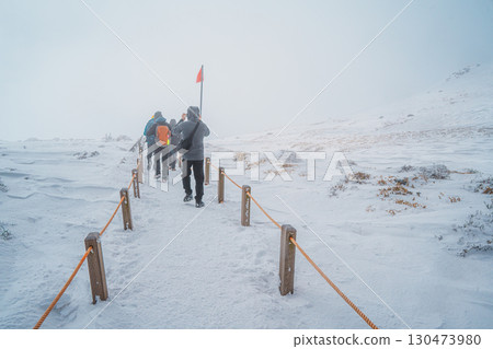 Hikers walking snowy Eorimok Trail in mist, Hallasan, Jeju Island Hikers walking snowy Eorimok Trail in mist, Hallasan, Jeju Island 130473980