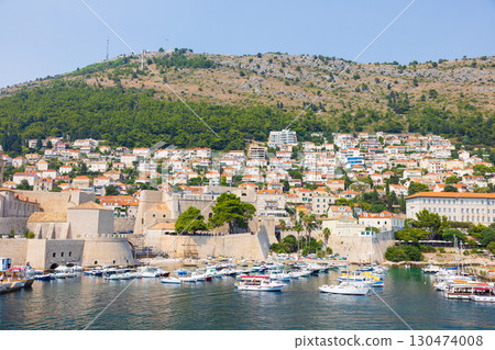 View of Mount Srđ and the harbor from the walls of the old city of Dubrovnik, Croatia, Europe 130474008