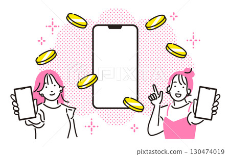 年輕女性展示智慧型手機螢幕上的智慧型手機和硬幣圖像 130474019