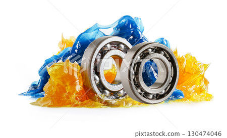 Grease and ball bearing, Blue premium quality synthetic lithium complex grease, high temperatures and machinery lubrication for automotive and industrial. Grease and ball bearing, Blue premium quality synthetic lithium complex grease, high temperatures and machinery lubrication for automotive and industrial. 130474046