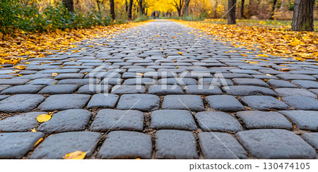 Autumn Path Cobblestone Walkway Leading Through Fall Foliage 130474105