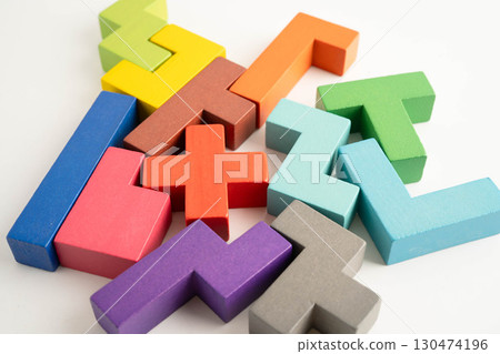 Logical thinking and problem solving problem solution creative business, wooden puzzle geometric block shape. 130474196