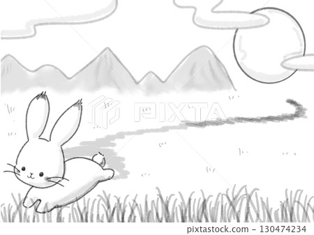 Rabbit running through the grassland on a moonlit night - ink painting style 130474234