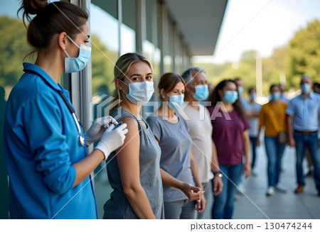 There is a queue of people in medical masks standing for vaccination. There is a queue of people in medical masks standing for vaccination. 130474244