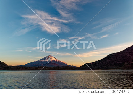 Mount Fuji at dusk as seen from Lake Shojiko 130474262