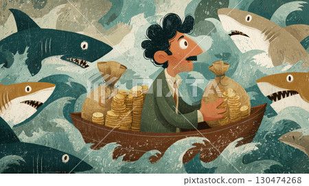Businessman holding large money bags and gold coins in small boat surrounded by sharks, anxious expression, financial risk concept 130474268