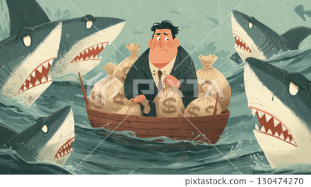 Businessman holding large money bags sitting in small boat surrounded by sharks, anxious expression, stormy sea 130474270