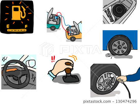 Car troubles: running out of gas, flat tire, dead battery Car troubles: running out of gas, flat tire, dead battery 130474296