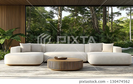 Modern sectional sofa and round coffee table on patio garden background 130474562