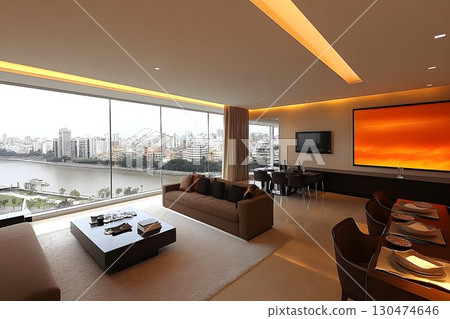 Modern apartment interior with city view elegant living room design 130474646