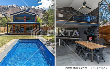 Modern house with pool and open plan interior design 130474647