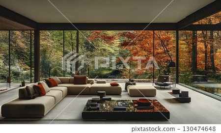 Modern living room with autumnal landscape view 130474648