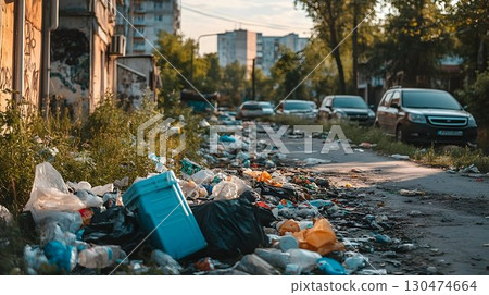 City street overflowing with plastic waste and garbage City street overflowing with plastic waste and garbage 130474664