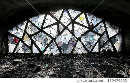 Multicolored geometric stained glass window in old building 130474665
