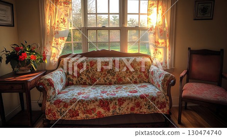 Sunlit living room with floral couch and window Sunlit living room with floral couch and window 130474740