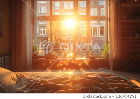 Sunrise bedroom view warm sunlight illuminating cozy bed linens 130474751
