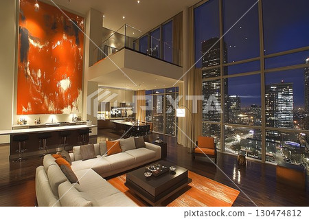 Modern city apartment interior at night with panoramic view Modern city apartment interior at night with panoramic view 130474812