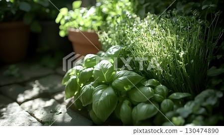 Sunlit green herbs growing in a garden 130474890