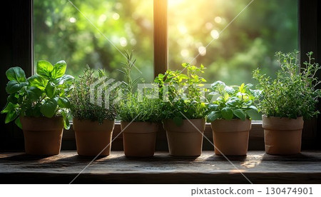 Sunlit herbs in terracotta pots on windowsill 130474901