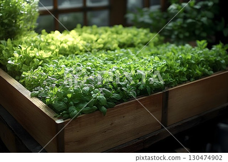 Vibrant green herbs growing in wooden planter box sunlight Vibrant green herbs growing in wooden planter box sunlight 130474902