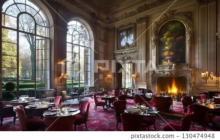 Elegant dining room interior design with large windows and fireplace 130474948