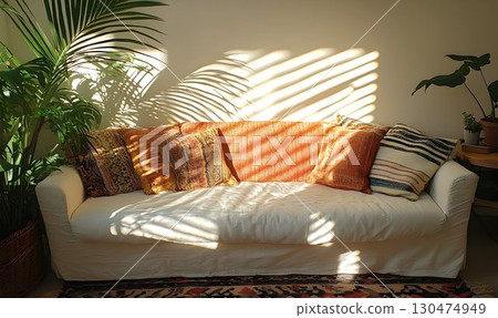Sunlight streaming through blinds onto a comfortable sofa with pillows Sunlight streaming through blinds onto a comfortable sofa with pillows 130474949