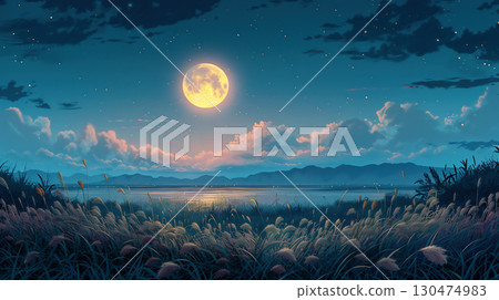 A lakeside field of silver grass illuminated by the full moon and clouds 130474983