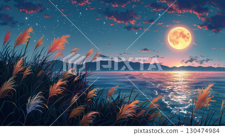 Lakeside, full moon and silver grass on an autumn night 130474984