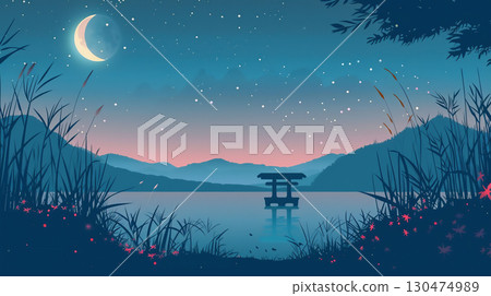 湖畔鳥居與新月之夜 130474989