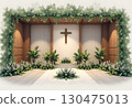 Interior with Catholic cross and green plants 130475013