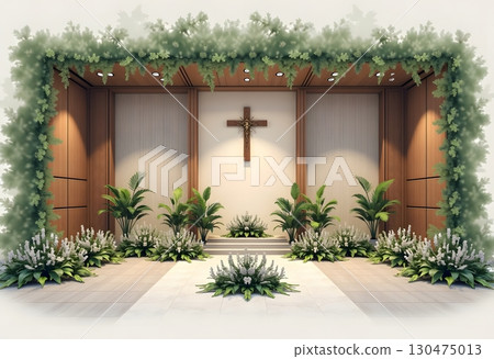 Interior with Catholic cross and green plants Interior with Catholic cross and green plants 130475013
