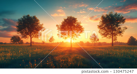 Sunset Landscape Trees Field Golden Hour 130475247