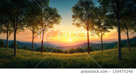Serene Sunset Landscape Peaceful Nature Scene with Trees and Meadow for Backgrounds Websites and Design Projects Serene Sunset Landscape Peaceful Nature Scene with Trees and Meadow for Backgrounds Websites and Design Projects 130475248