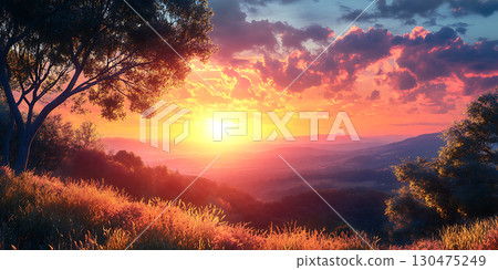 Vibrant Sunset Landscape Scenic Vista with Colorful Sky Vibrant Sunset Landscape Scenic Vista with Colorful Sky 130475249