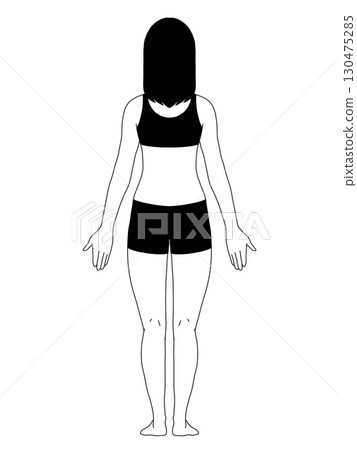 Anatomical upright position, female, back, line drawing, with clothes Anatomical upright position, female, back, line drawing, with clothes 130475285