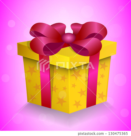 gift box with stars texture, yellow color and purple ribbon vector realistic illustration gift box with stars texture, yellow color and purple ribbon vector realistic illustration 130475365